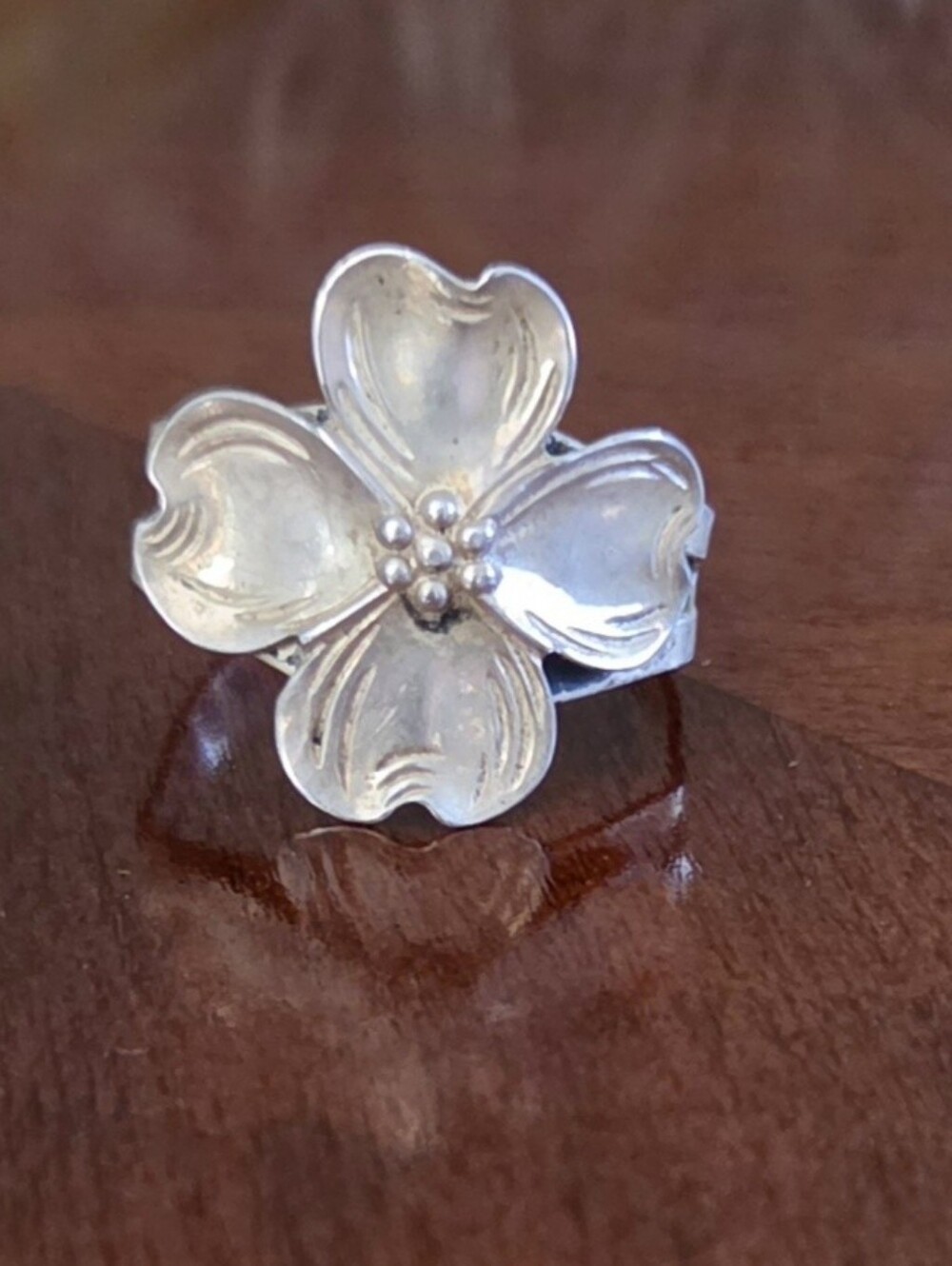 Vintage Beaucraft Beau Sterling Silver Dogwood Flower Ring Adjustable Bypass